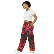 Tropical Wide Leg Pants Red Pink Leaf Print Jersey Adjustable Waist Pockets