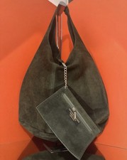 Olive Green Italian Suede Slouch Shoulder Bag With Safety Purse