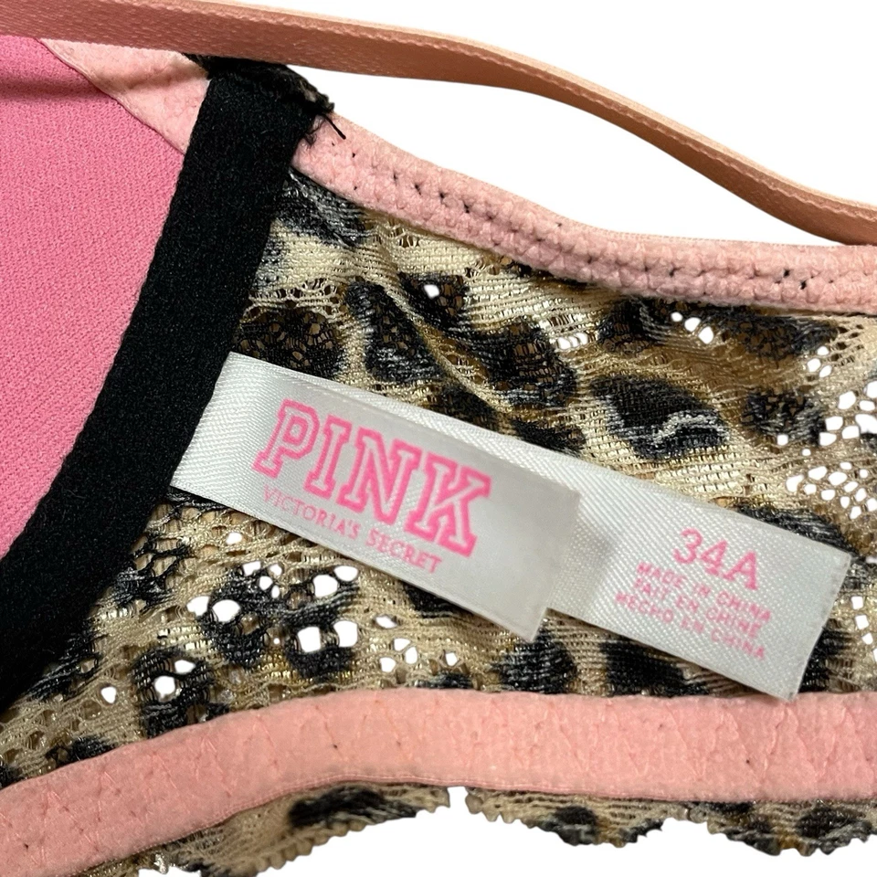 Sujetador push-up rosa Victoria’s Secret para mujer The Date espalda deportiva encaje leopardo 36A Foto 3 de 3