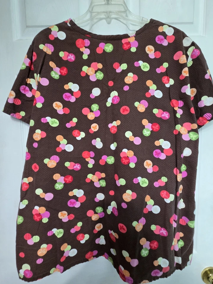 SB Scrubs Scrub Top Size 2X-Brown/Pastel Polk-a-Dot V-Neck-Chest 28"/L 27.5" - Image 2 of 4