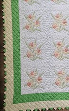 Vintage Daffodil Floral Applique Sawtooth Square Quilt 84x84"