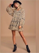 Free People Beige Floral Tiered Mini Dress with Black Accents