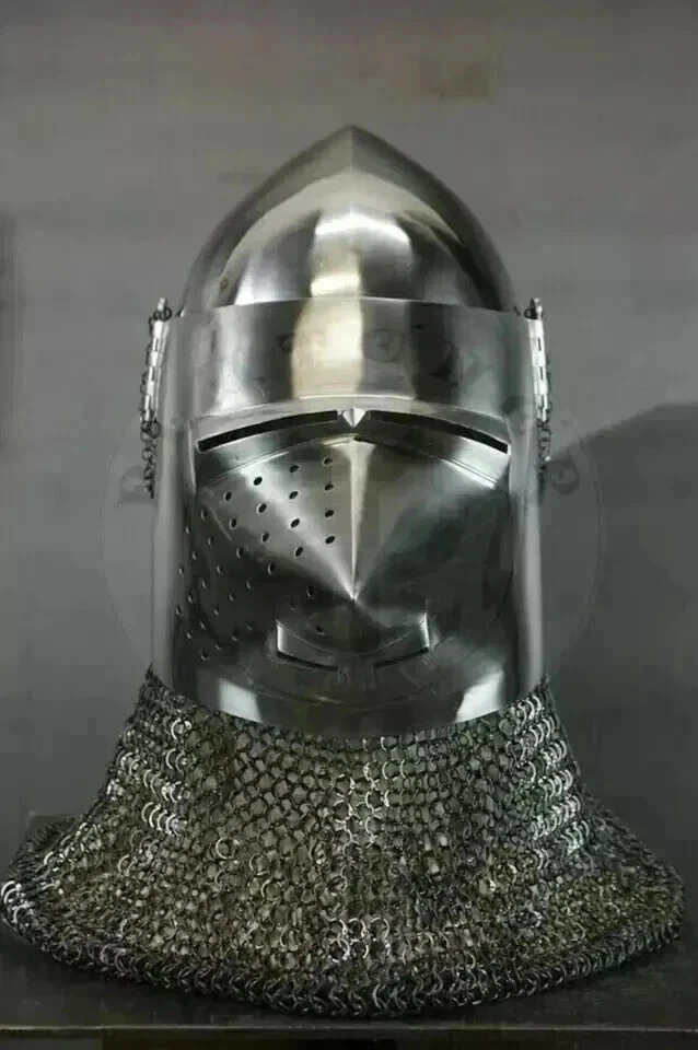 Casco de cerdo medieval Bascinet cota de malla Aventail listo para la batalla casco de caballero regalo Foto 4 de 4