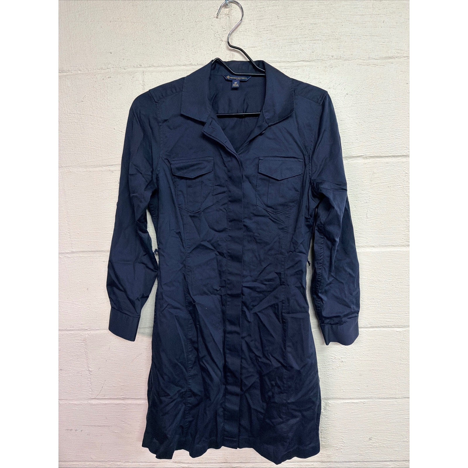 Brooks Brothers Petite 8P Navy Shirt Dress Button Front Long Sleeve Pockets