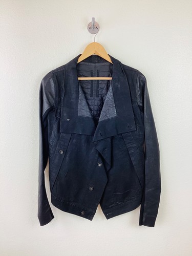 RICK OWENS Black DRKSHDW DENIM & LEATHER Sleeve Coated Denim Avant Garde Jacket