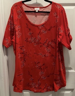 Lularoe (Sz.3XL) Short Gathered Sleeves Top. Red w/cherry Blossom Print.