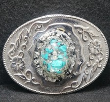 XE23162 VINTAGE 1970s FLORAL ARTWORK UNISEX FASHION SILVERTONE BELT BUCKLE