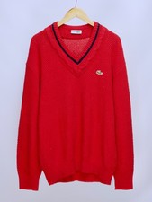 Men's LACOSTE Chemise Vintage made in France Red Cotton Knitted V-neck Sweater 5
