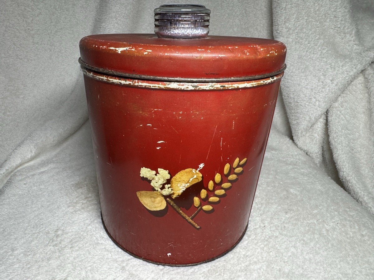 Blue Magic Krispy Kan RED METAL ROUND CRACKER TIN Vtg Retro Décor 