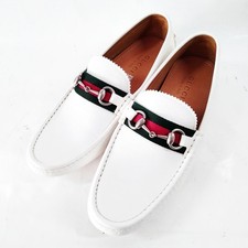 Gucci Men's White Leather Horsebit Loafers Flat Shoes with Web Stripe US 4153917