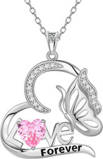 Birthstone Love Heart Butterfly Pendant Necklace - 925 Sterling Silver Firework-