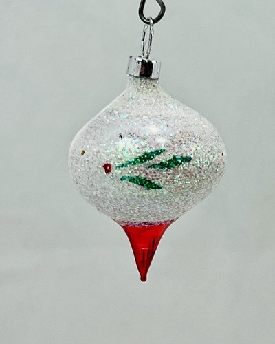 Vintage Holly Berry Stencil Teardrop Mini Feather Tree Glass Christmas Ornament - Picture 3 of 6