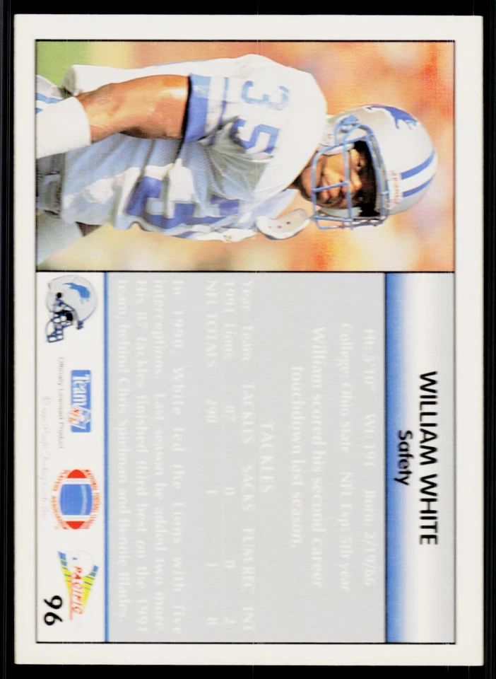 William White, 1992 Pacific, #96, Detroit Lions, - Image 2 of 2
