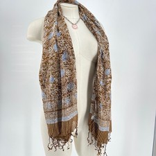 Brown Blue Floral Print Lightweight Scarf Shawl Wrap Women Fringe versatile