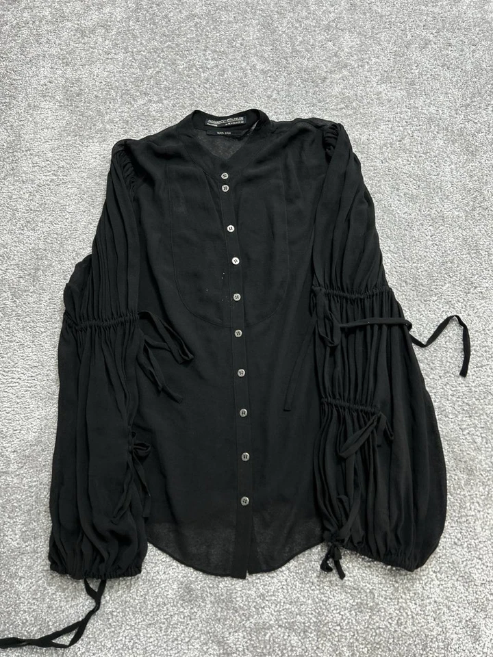 Blusa Top Allsaints Mujer 10 Negra Seda Botón Frontal Mangas Acanaladas Cuello Banda Foto 2 de 4