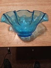BLENKO Vintage Crackle Glass Bowl #3744 Ruffled Fluted Crimped Turquoise Blue