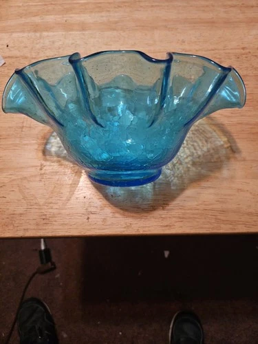 BLENKO Vintage Crackle Glass Bowl #3744 Ruffled Fluted Crimped Turquoise Blue