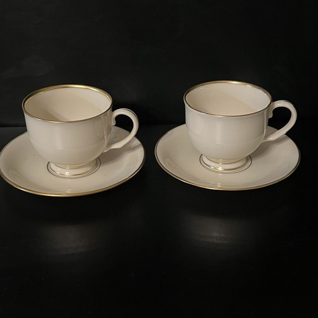 LOT (2) Lenox Mansfield Footed Cups & Saucers, Ivory & Gold China, Tea or Coffee
