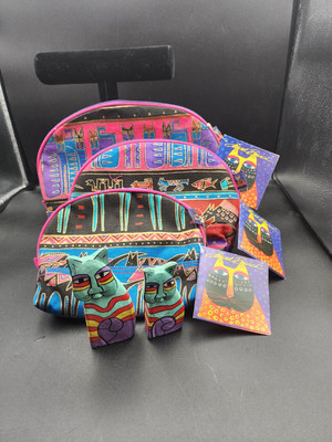 Laurel Burch Zippered Pouch Makeup Bag Set Cat Canvas Colorful Wooden Cats