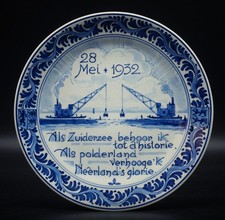 Un piatto Delft PERFETTO Porceleyne Fles blu e bianco Afsluitdijk / Zuiderzee 1932