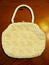 BEAUTIFUL VTG EVENING PURSE BEIGE WITH SEQUINS BEADED LEAVES HANDMADE HONG KONG