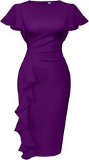 Women's Vintage Ruched Bodycon Midi Dress - Ruffle Sleeve Work Church Style