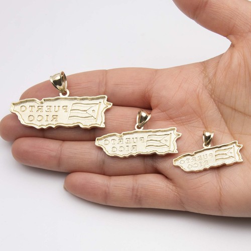Diamond-Cut Puerto Rico Map & Flag Pendant Real 10K Yellow Gold All Sizes - Picture 2 of 4