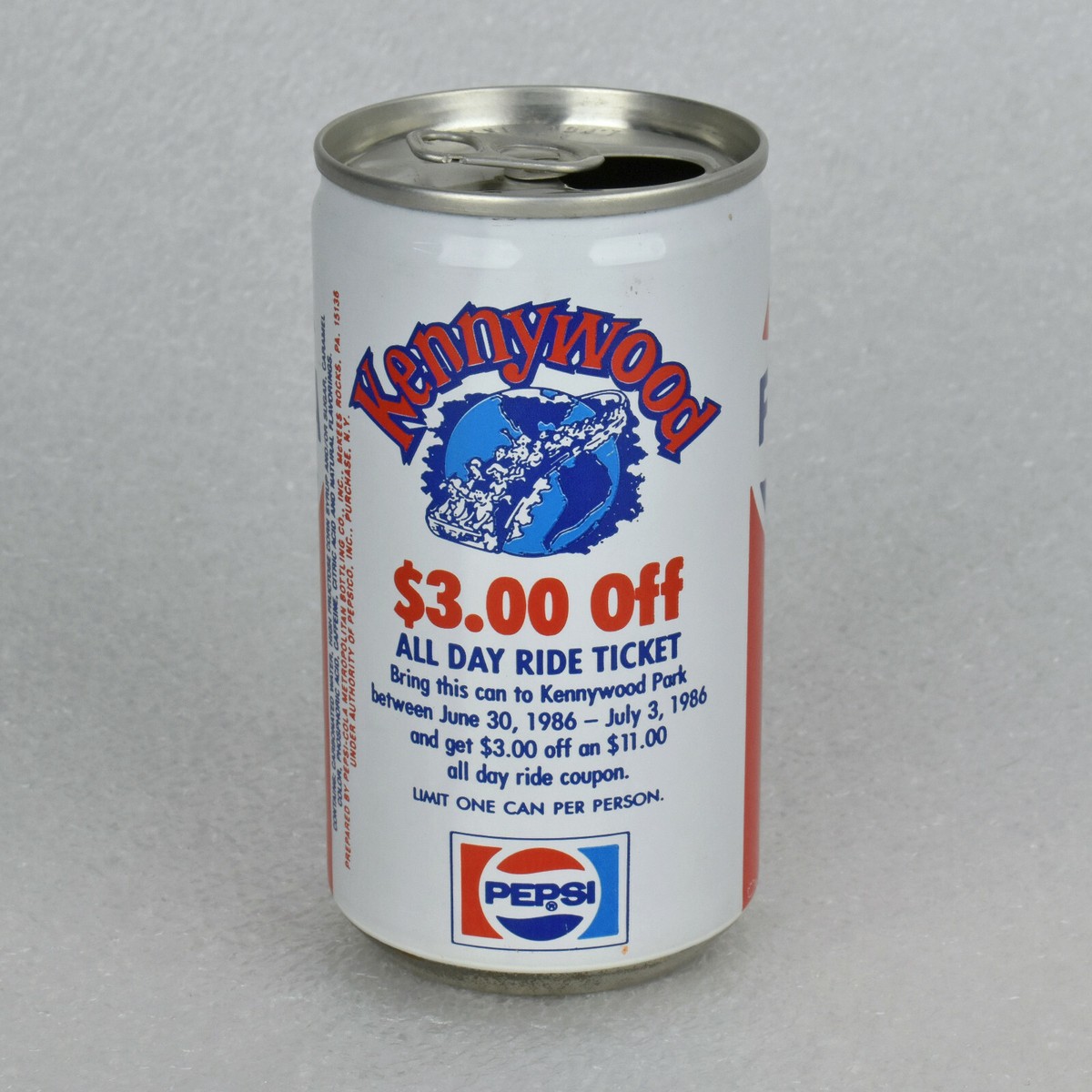 VTG 1986 Pepsi Cola Kennywood Park Soda Can Steel 12oz McKees