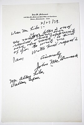 Joh W McCormack Holograph Hand Written Letter Signed former Speaker of the House