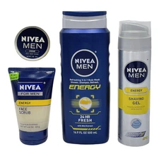 Nivea Men Energy 3-in-1 Body Wash Shampoo Shaving Gel Face Scrub Creme 4 Piece