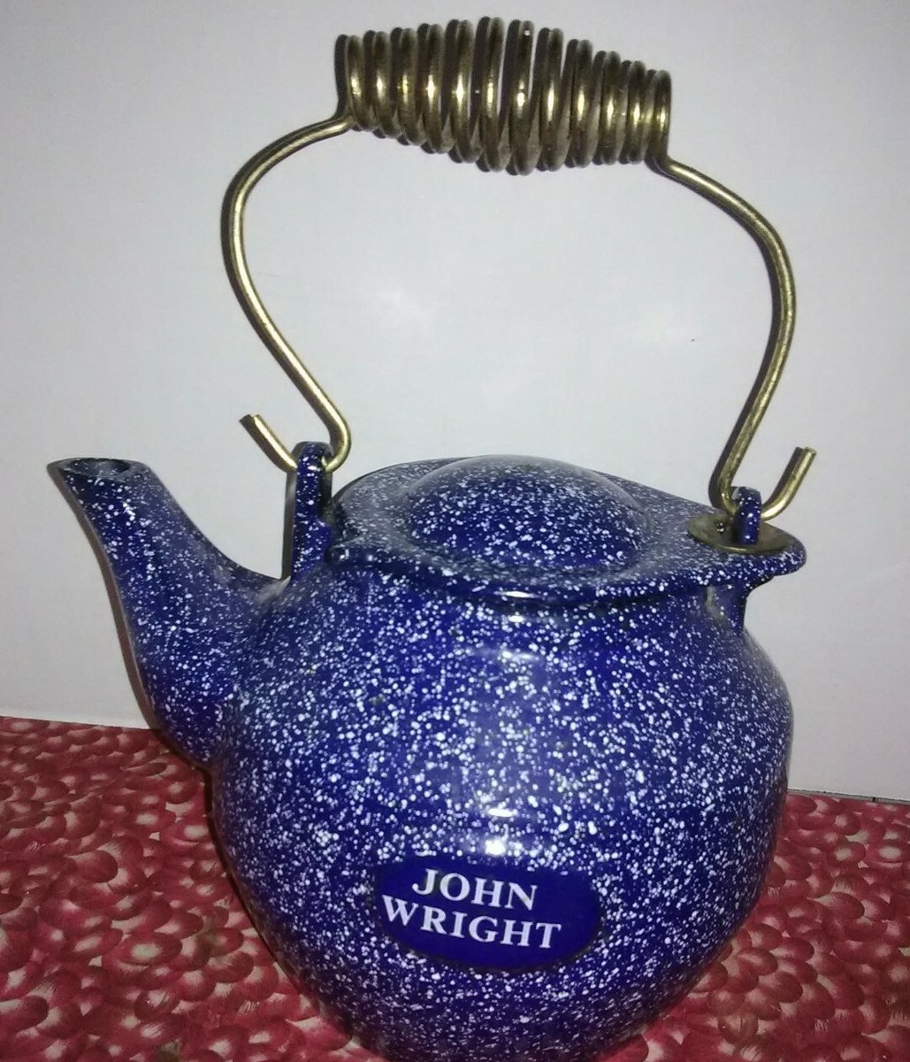 Vintage JOHN WRIGHT BLUE Speckled Cast Iron Kettle Teapot w
