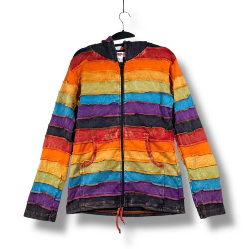 Ez Hippie Women Rainbow Hoodie Jacket Full Zip Hippie Boho Patchwork Size L Rave