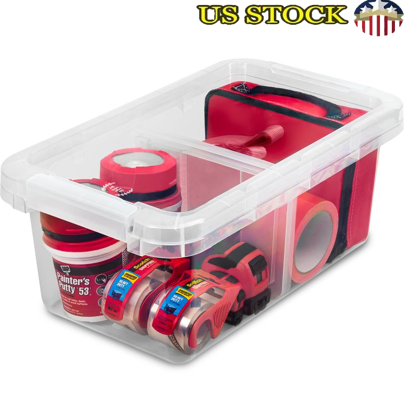 Clear Plastic Storage Bins with Dividers - Set of 4 Stackable Organizers for Home & Garage