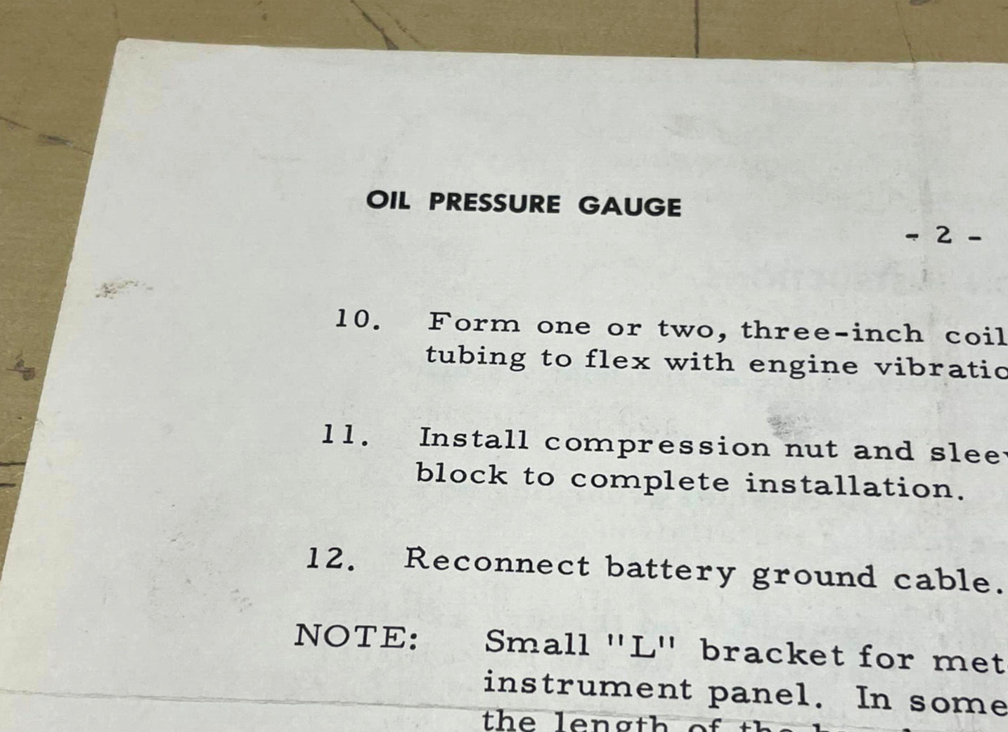 Vintage Original Sun Electric Corp Oil Pressure Gauge Installation Instructions