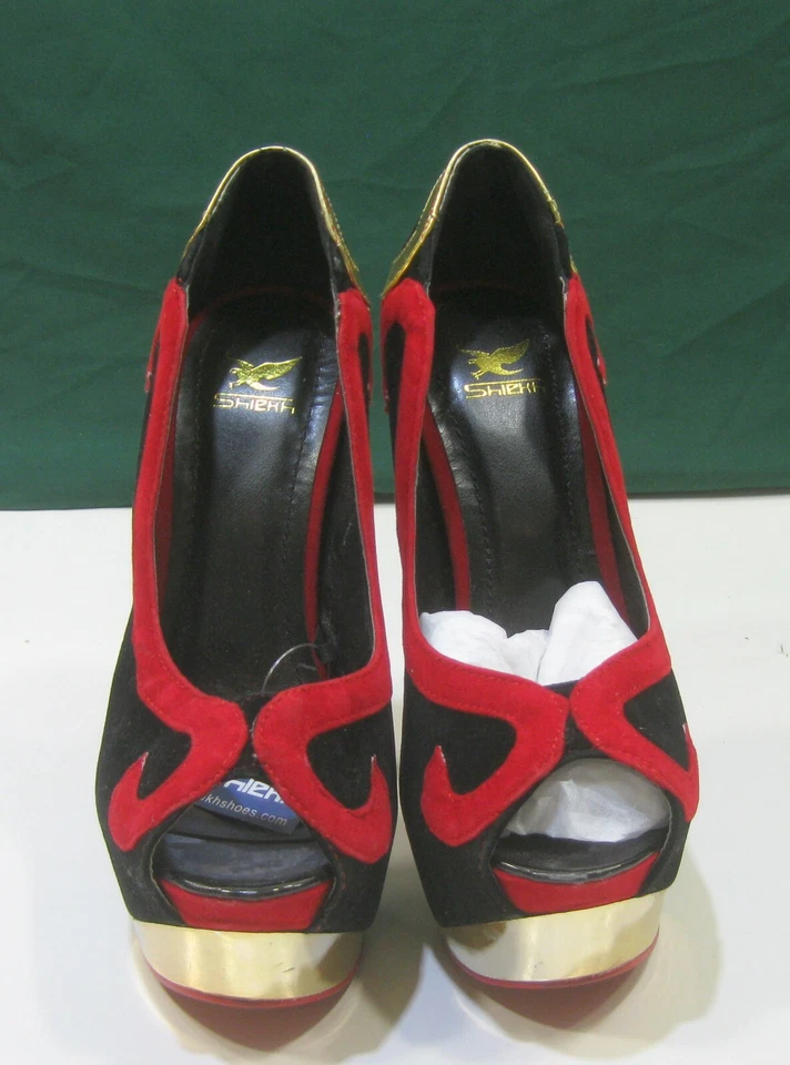 NEGRO/ROJO 6" Tacón Alto 2" Plataforma PEEP Puntera Zapatos Mujer Talla 6 Foto 2 de 4