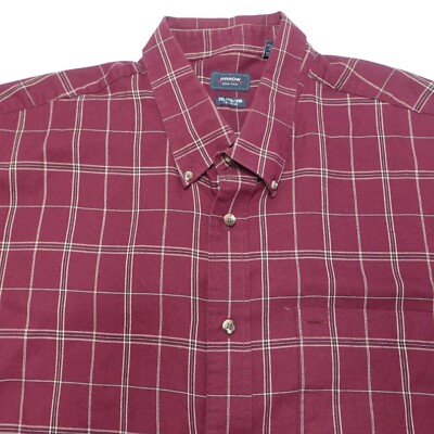 Arrow Dress Shirt Men's 2XL (18-18.5) Burgundy Plaid Oxford Classic Button Down