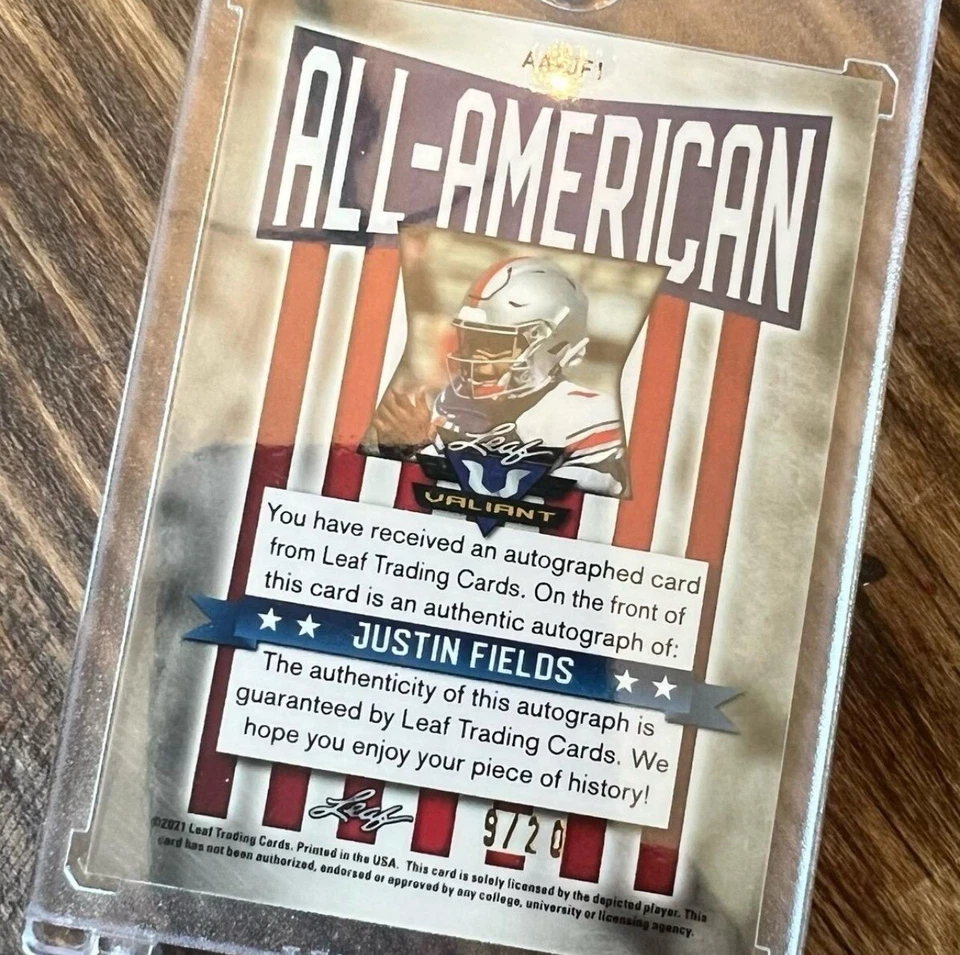 2021 Leaf Valiant Justin Fields Auto All-American RC Platinum Blue /20 - Image 2 of 3