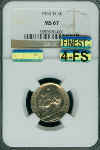 1959 D JEFFERSON NICKEL NGC MS67 MAC 4FS PQ MAC FINEST & SPOTLESS $3,000 IN 5FS 