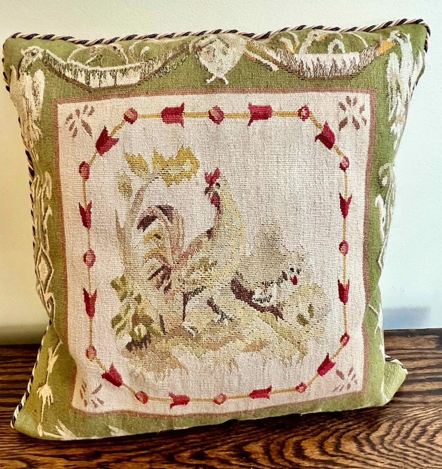 Pair of  Authentic Aubusson Tapestry Rooster Pillows Birds French Country 16" - Image 4 of 4