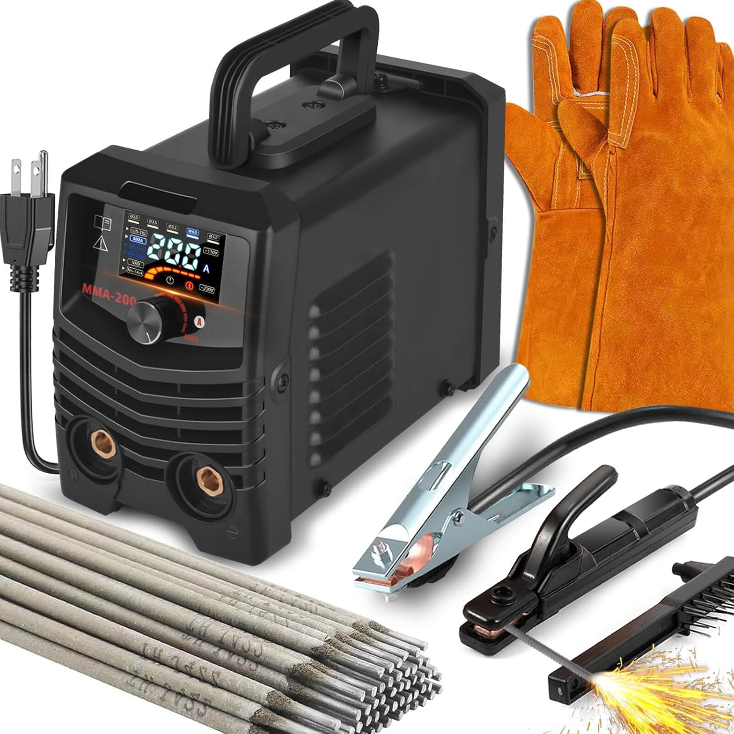 200A Large LED Display Mini Welder, 15PCS Welding Rods Gloves Hammer Stick Welde