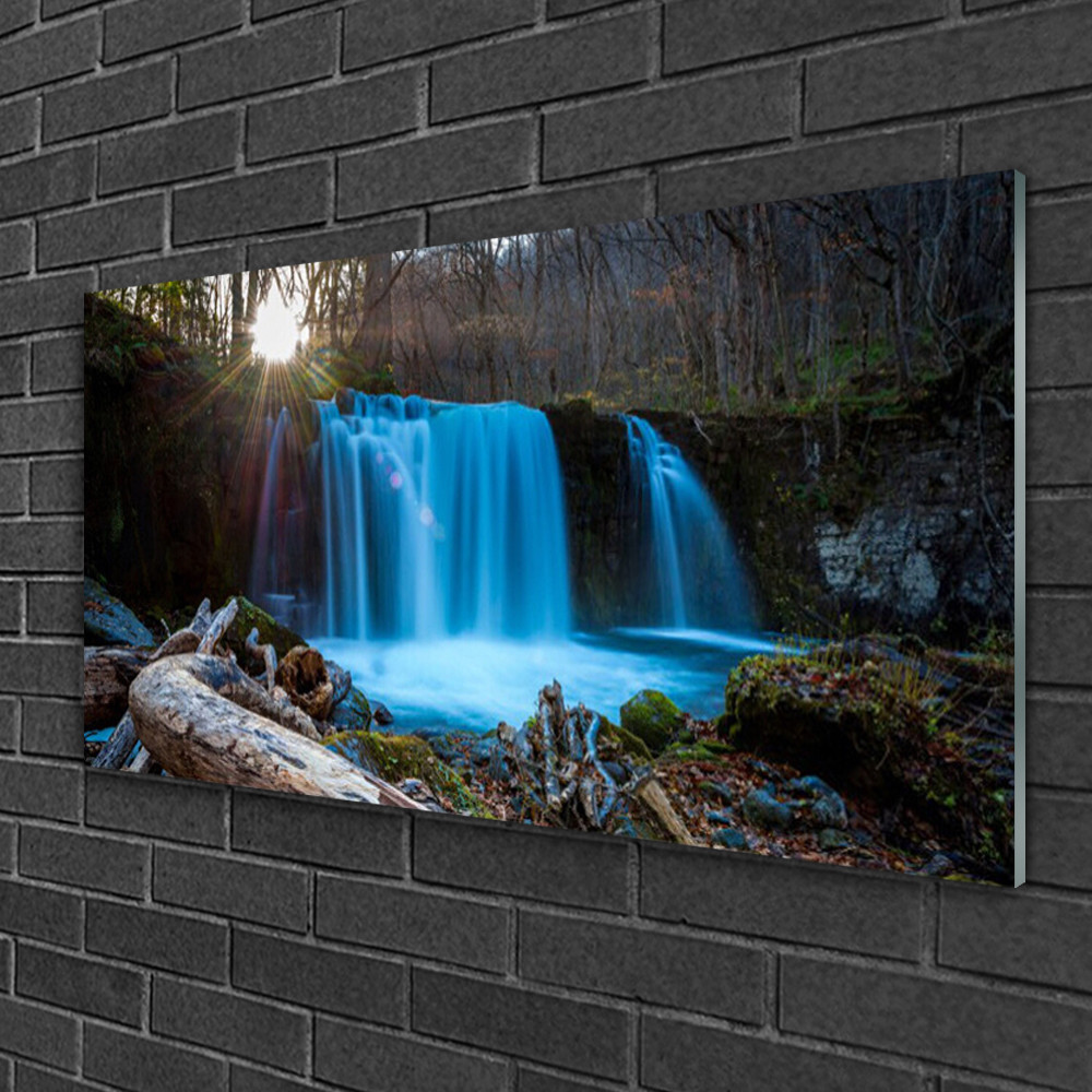 Tableau sur verre image paysage de nature avec cascade de forêt verte en 100x50 cm