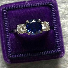 2 Ct Round Blue Sapphire Diamond Trilogy Wedding Ring 14k White Gold Over Size P