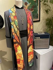 Stained Glass style tree in fall colors Rainbow Clergy Stole - Linen