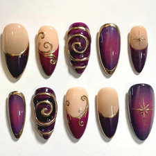24Pcs French Tip Press on Nails Medium Almond with Irregular 3D Gold Line Purple