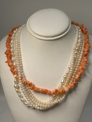 14K Yellow Gold Multi-Strand Necklace & Freshwater Pearls & Corals, 16 