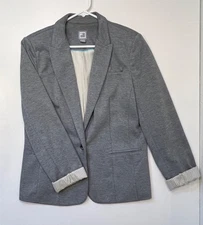 JCP Grey Classic Blazer Women’s L Mid-Length Notched Collar Pinstripe Lining