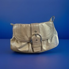 Coach Soho Metallic Gold Champagne Pleated Leather Buckle Flap Shoulder Bag Y2K