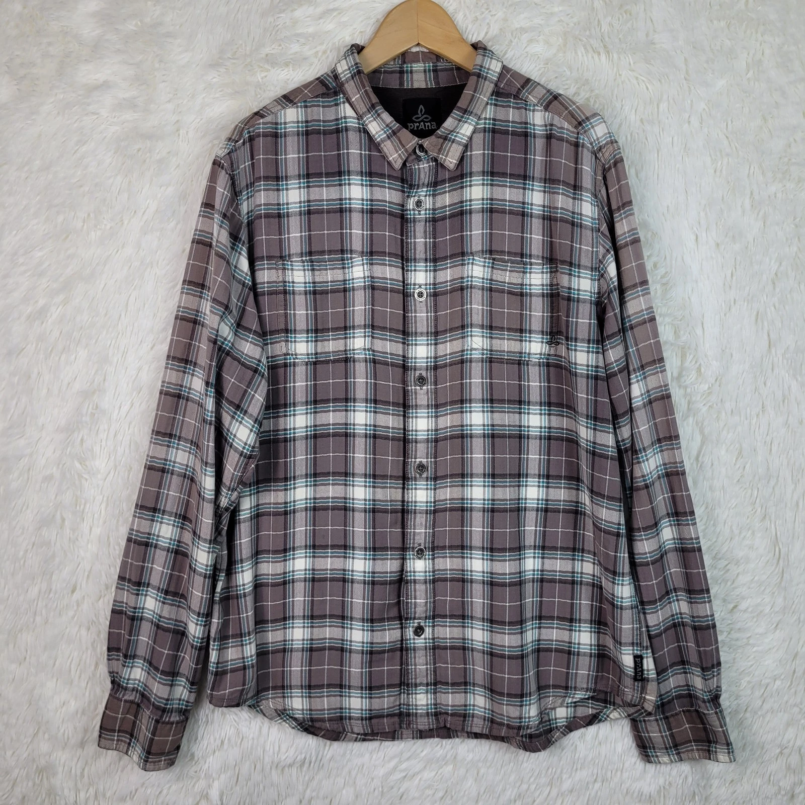Prana Mens XL Gray & Blue Plaid 100% Organic Cotton Flannel Sustainable Granola