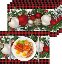 Christmas Placemats Set of 4,Red Buffalo Check Plaid Christmas Table Place Mats,