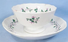 Sprig Cup & Saucer Soft Paste Handleless Clover Pink Green Leaves Antique As Is
